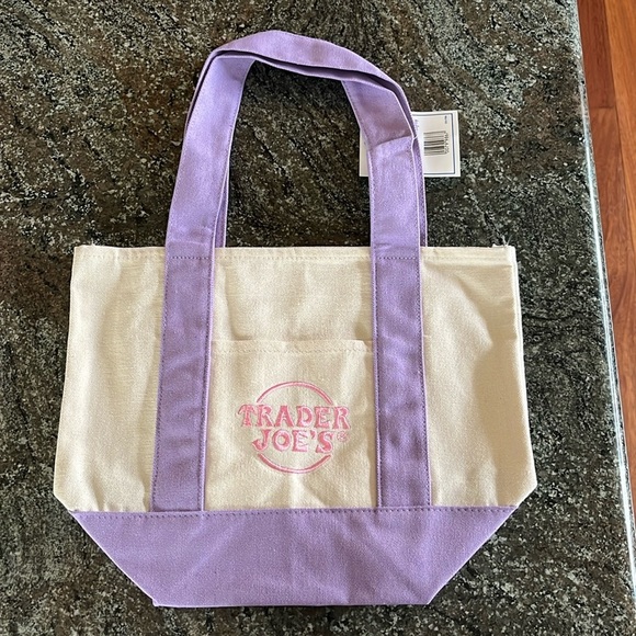 Trader Joe’s Mini Canvas Tote Purple Pink Stitching Pastel Limited Edition NWT - Picture 2 of 2